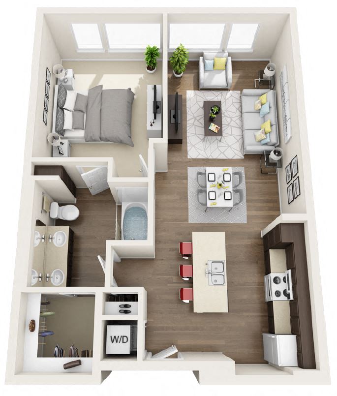 Floor plan for 1 bed, 1 bath, 760 sqft